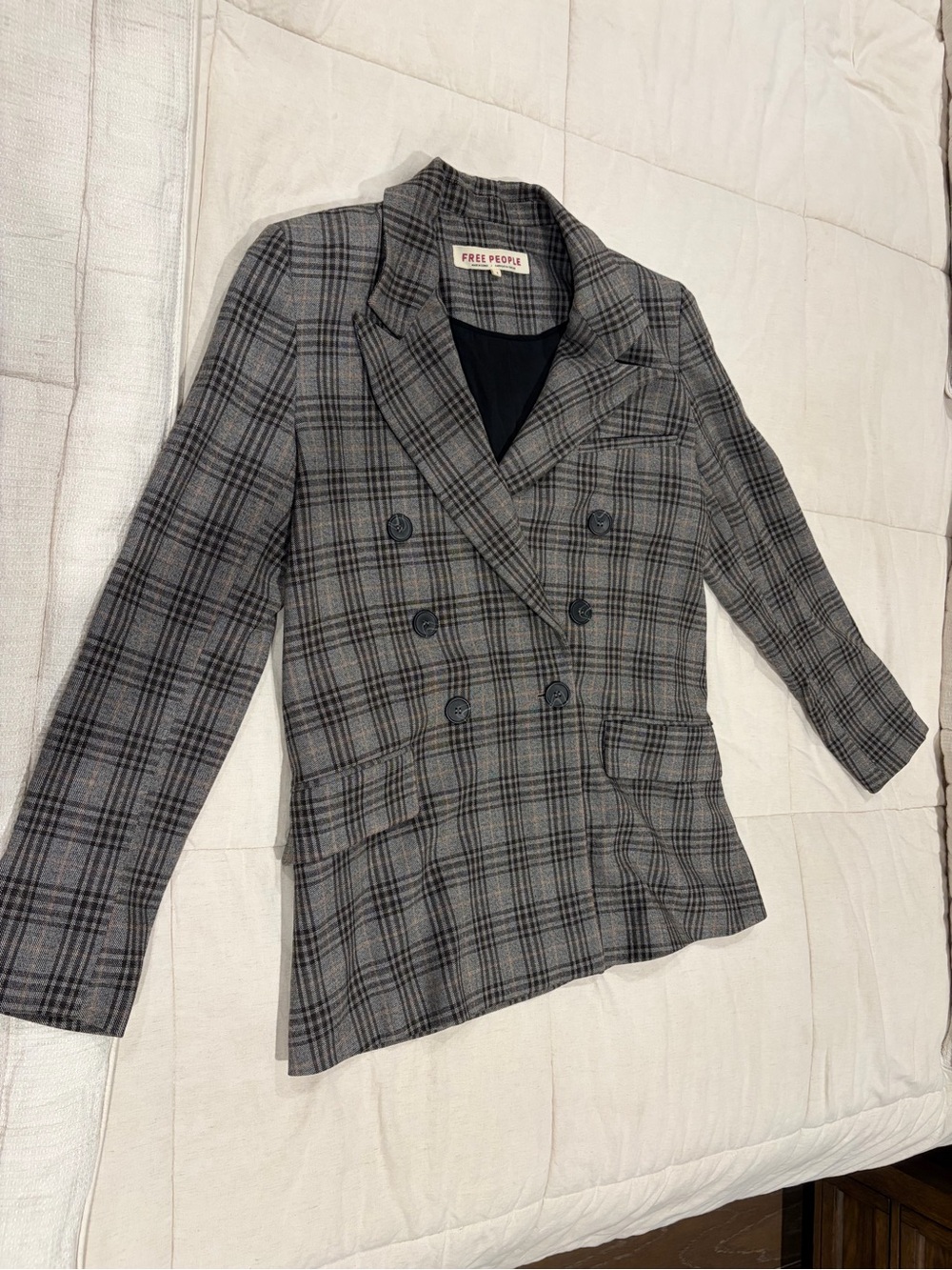 Free People Gray Plaid Double-Breasted Blazer Jacket